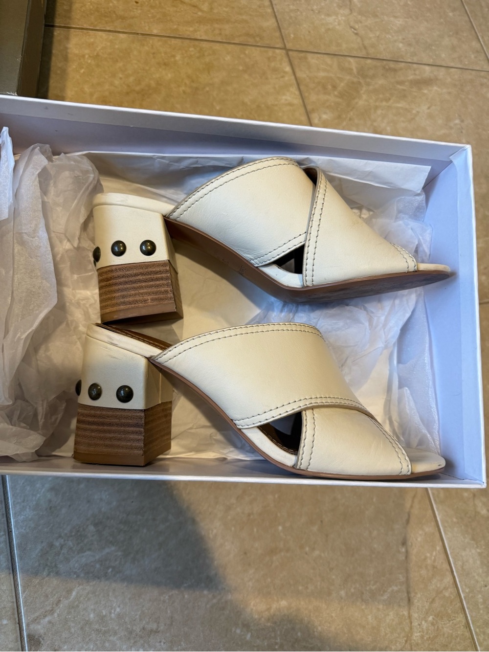 See By Chloe Cream Leather Crossband Block Heel Sandals